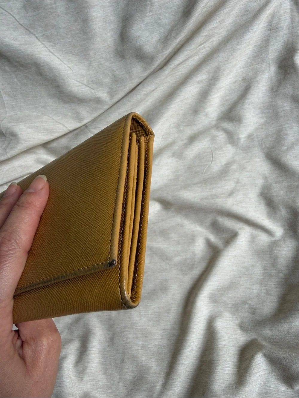Prada Saffiano Leather Flap Wallet in Mustard Yellow